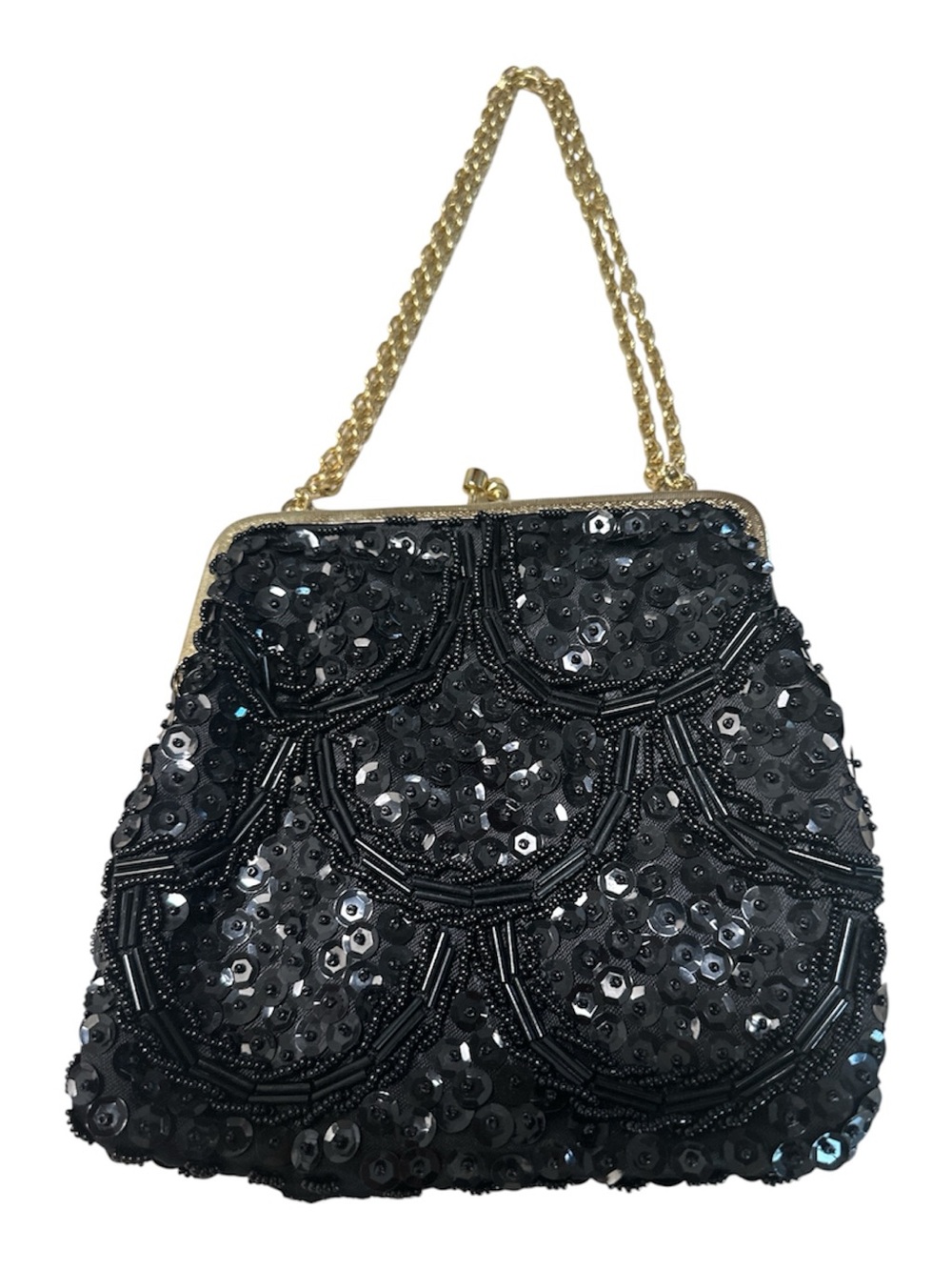 Vintage Hong Kong Hand Beaded Black Sequin Evening Bag Gold Chain Purse